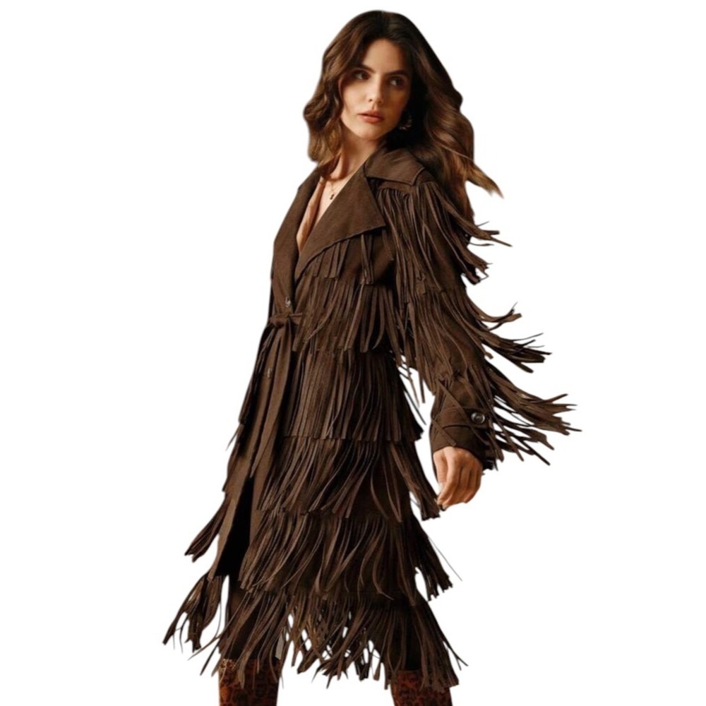 Anewsta Brown Faux Suede Fringe Coat Western Boho Tiered Tassel Jacket Small NWT